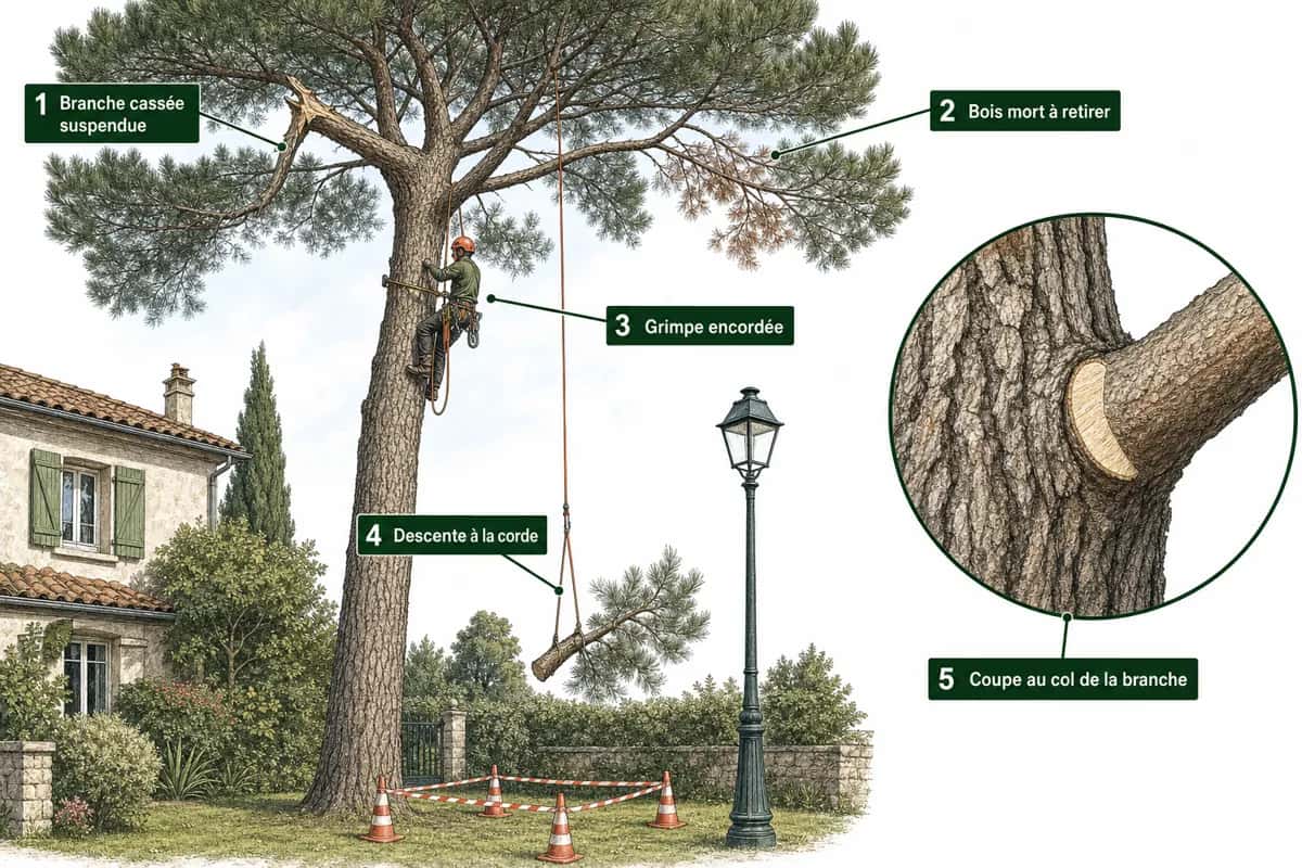 Schéma d'élagage d'un pin maritime : branche cassée suspendue, bois mort, grimpe encordée, descente à la corde, coupe au col de la branche