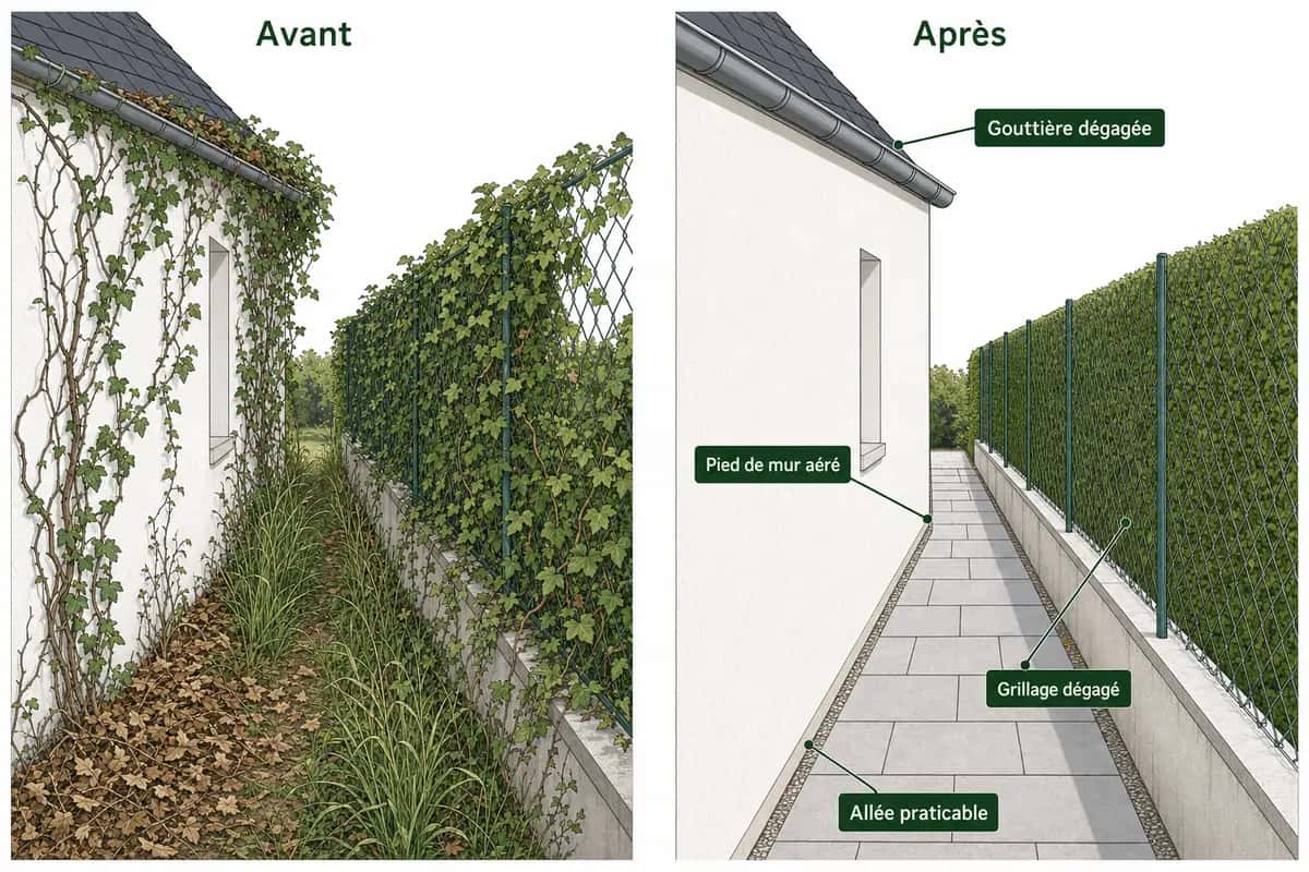 Coupe d'un passage le long d'une maison, avant et après : gouttière dégagée, pied de mur aéré, allée praticable, grillage dégagé
