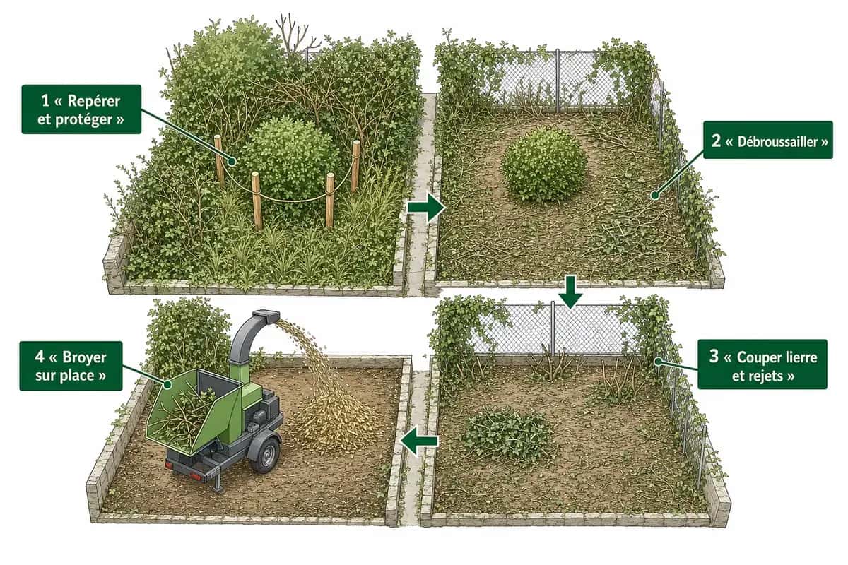 Schéma d'un jardin en quatre zones : repérer et protéger, débroussailler, couper lierre et rejets, broyer sur place
