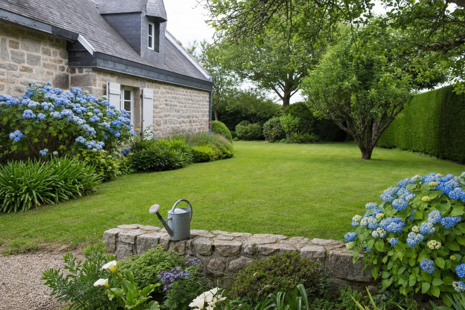 Un jardin de maison bretonne à Lorient entretenu : pelouse tondue, haie taillée, hortensias, muret de granit