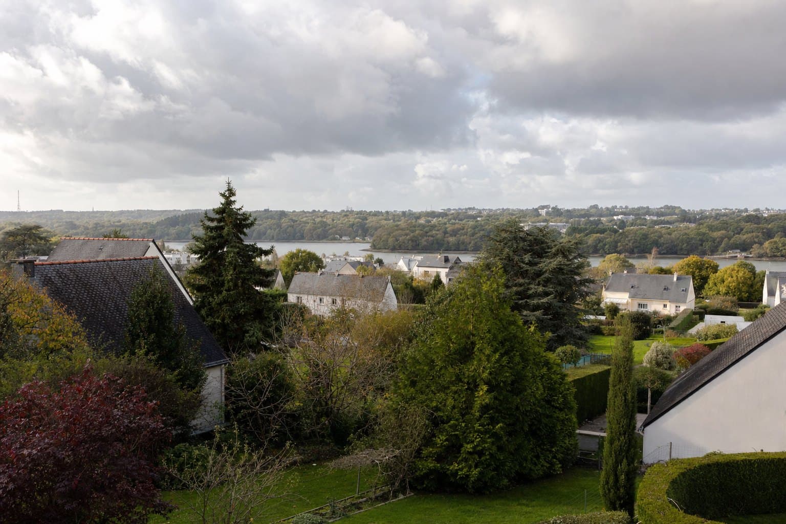 Un quartier pavillonnaire de Lanester, jardins avec grands conifères et haies, Blavet en arrière-plan